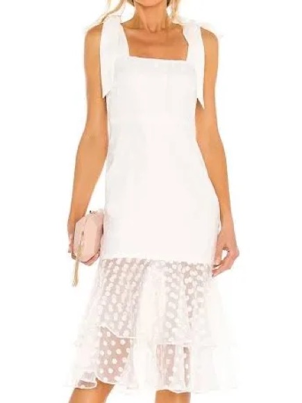 Lovers + Friends White Tie-Shoulder Midi Dress With Polka Dot Sheer Ruffle